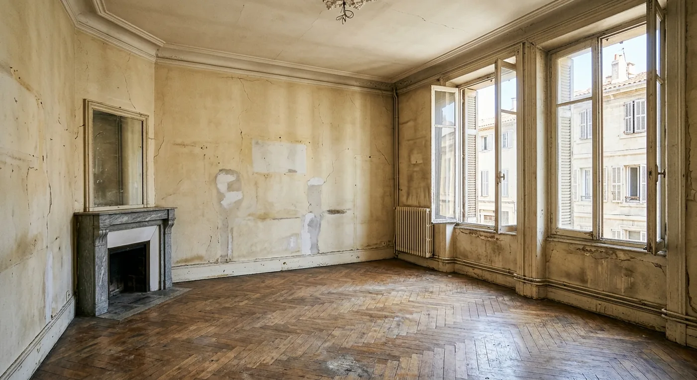 Salon marseillais aux murs abîmés avant les travaux de peinture