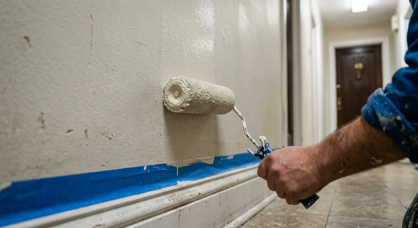 Détail de préparation avant peinture, chantier dans le 8e arrondissement