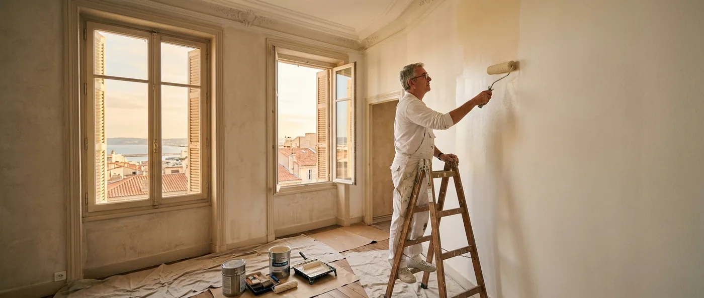 Peintre en bâtiment appliquant une peinture au rouleau dans un appartement marseillais
